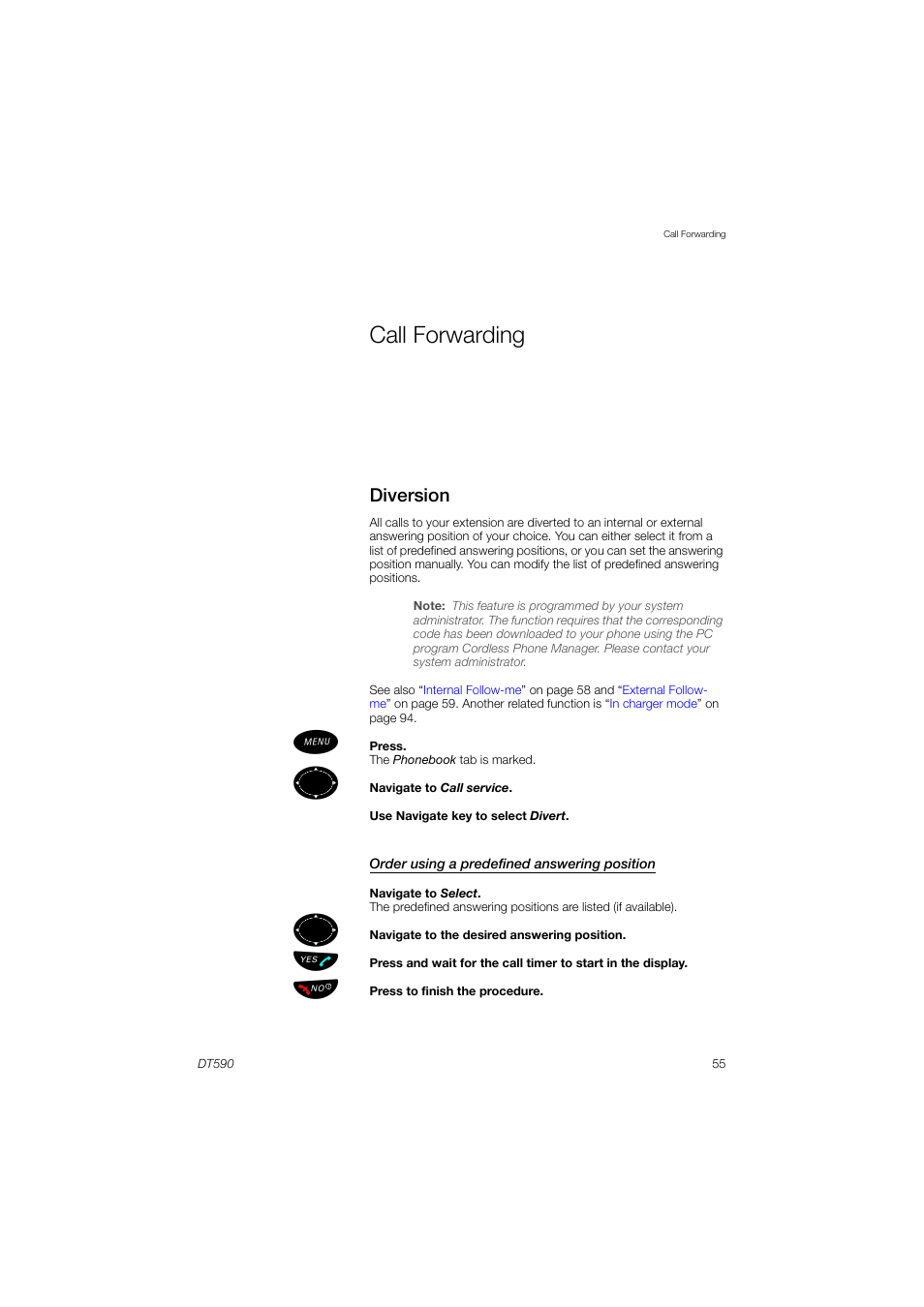 Call forwarding, Diversion | AASTRA DT590 for MX-ONE User Guide EN User Manual | Page 55 / 107