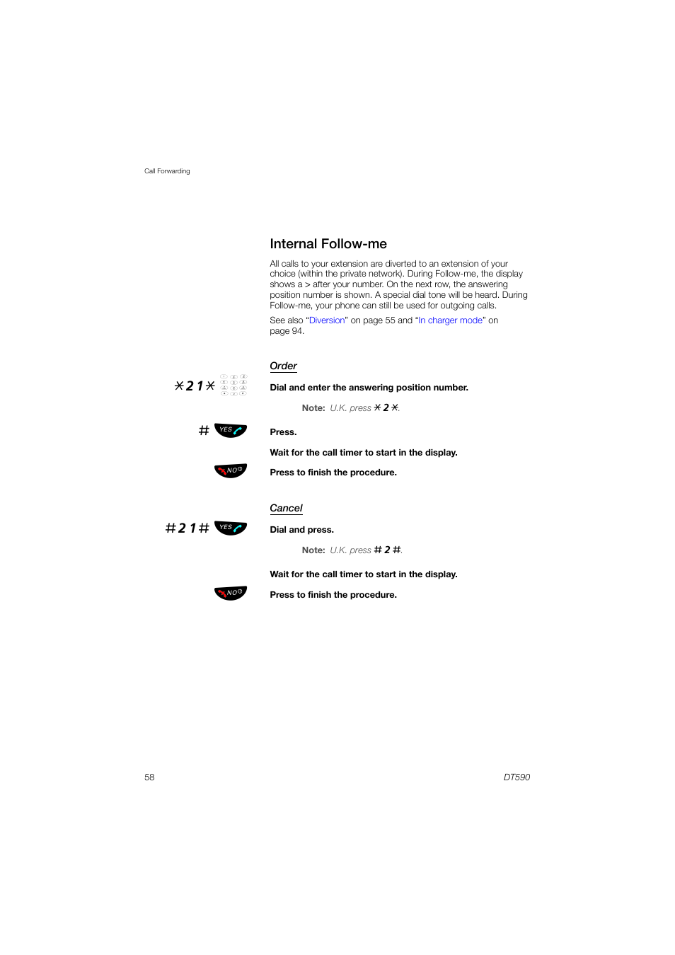 Internal follow-me, Internal, Follow-me | See also, 21# ь ы | AASTRA DT590 for MX-ONE User Guide EN User Manual | Page 58 / 107