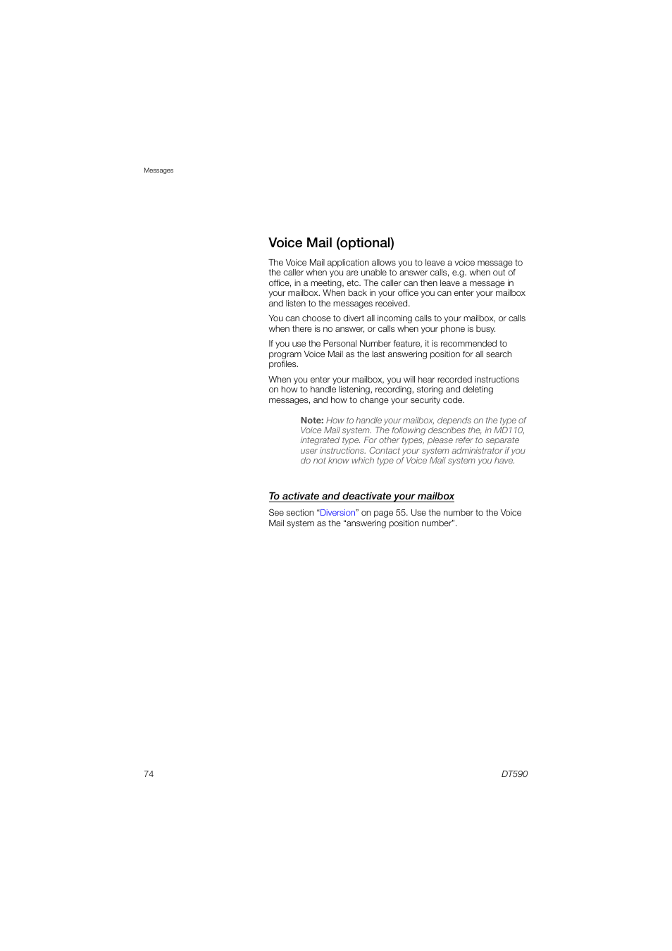 Voice mail (optional) | AASTRA DT590 for MX-ONE User Guide EN User Manual | Page 74 / 107