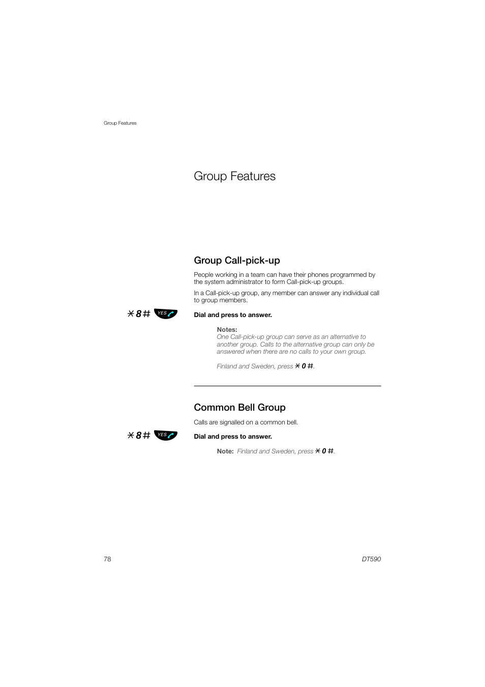 Group features, Group call-pick-up, Common bell group | 8# ь ы | AASTRA DT590 for MX-ONE User Guide EN User Manual | Page 78 / 107