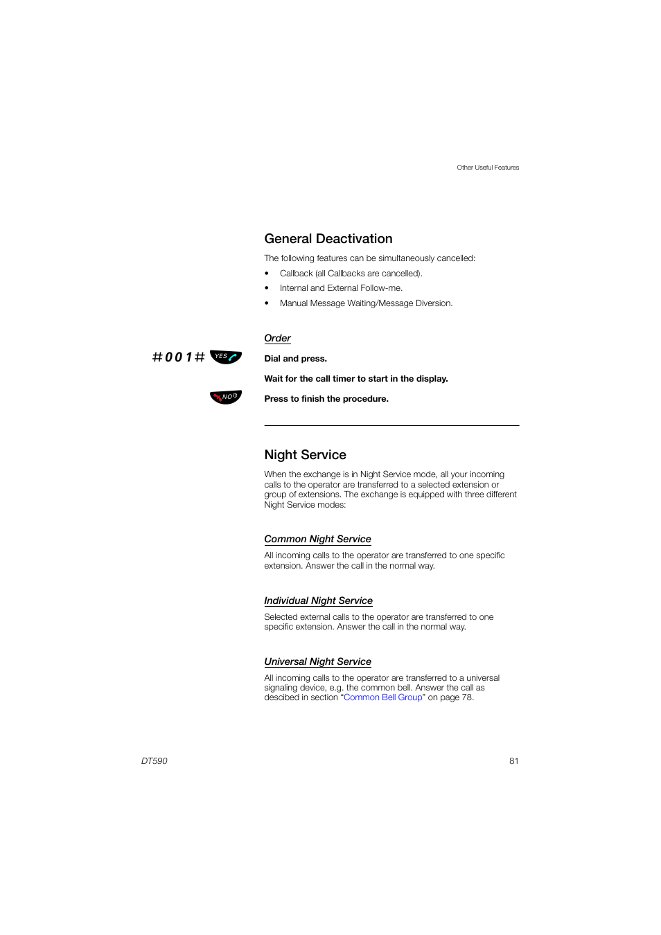 General deactivation, Night service, 001# ь ы | AASTRA DT590 for MX-ONE User Guide EN User Manual | Page 81 / 107