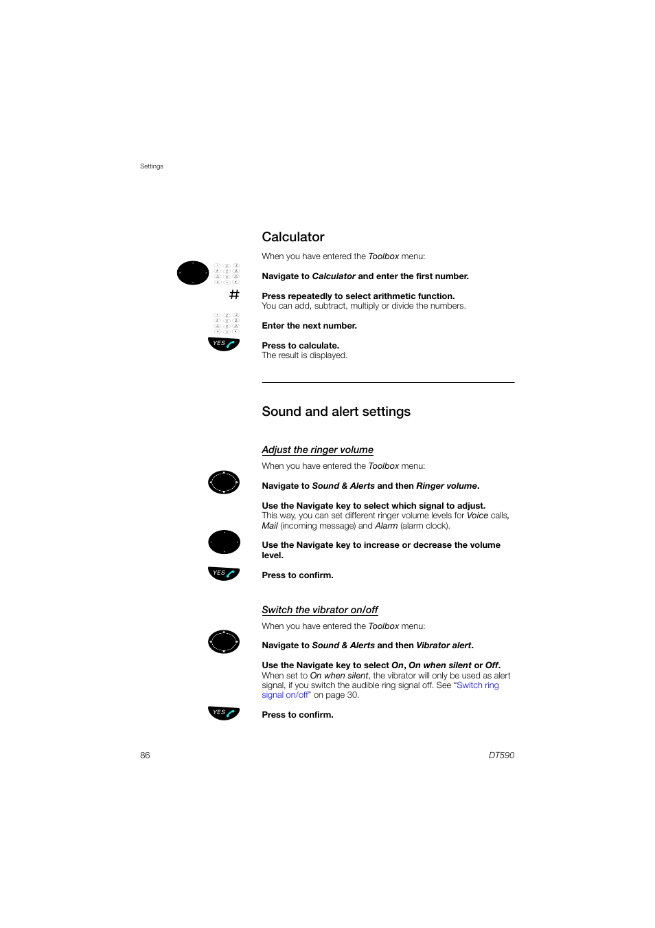 Calculator, Switch the vibrator on/off | AASTRA DT590 for MX-ONE User Guide EN User Manual | Page 86 / 107