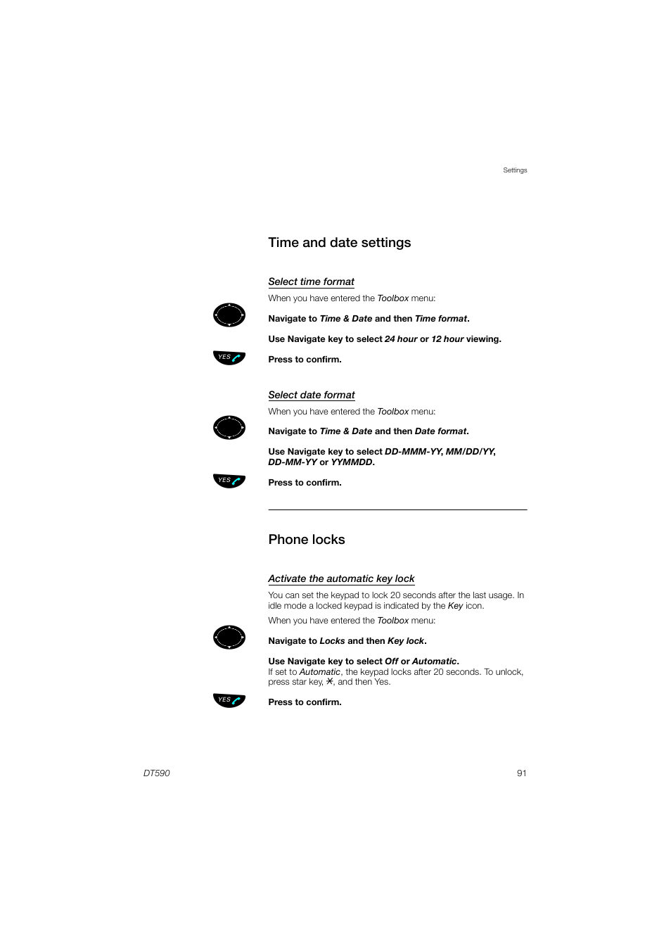 Time and date settings, Phone locks, Ction | Phone, Locks, Time and, Date settings | AASTRA DT590 for MX-ONE User Guide EN User Manual | Page 91 / 107