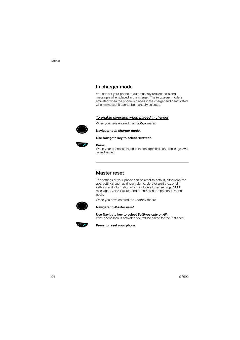 In charger mode, Master reset, Tion is | AASTRA DT590 for MX-ONE User Guide EN User Manual | Page 94 / 107