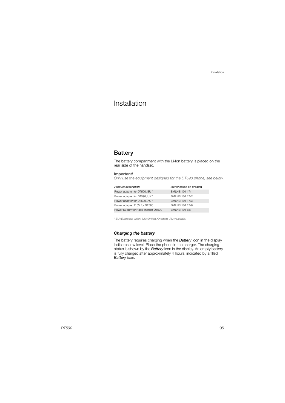 Installation, Battery | AASTRA DT590 for MX-ONE User Guide EN User Manual | Page 95 / 107