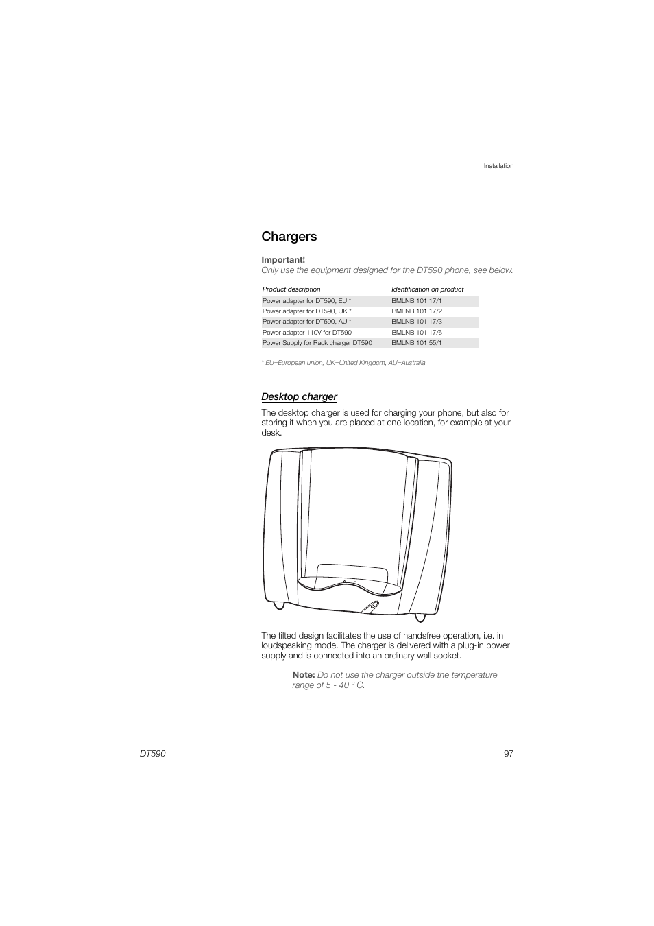 Chargers | AASTRA DT590 for MX-ONE User Guide EN User Manual | Page 97 / 107