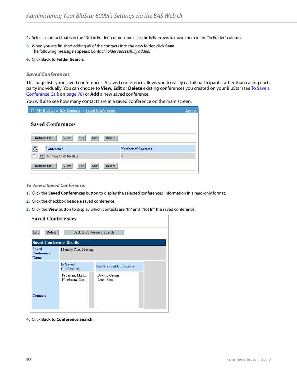 Saved conferences | AASTRA BluStar 8000i User Guide EN User Manual | Page 102 / 113
