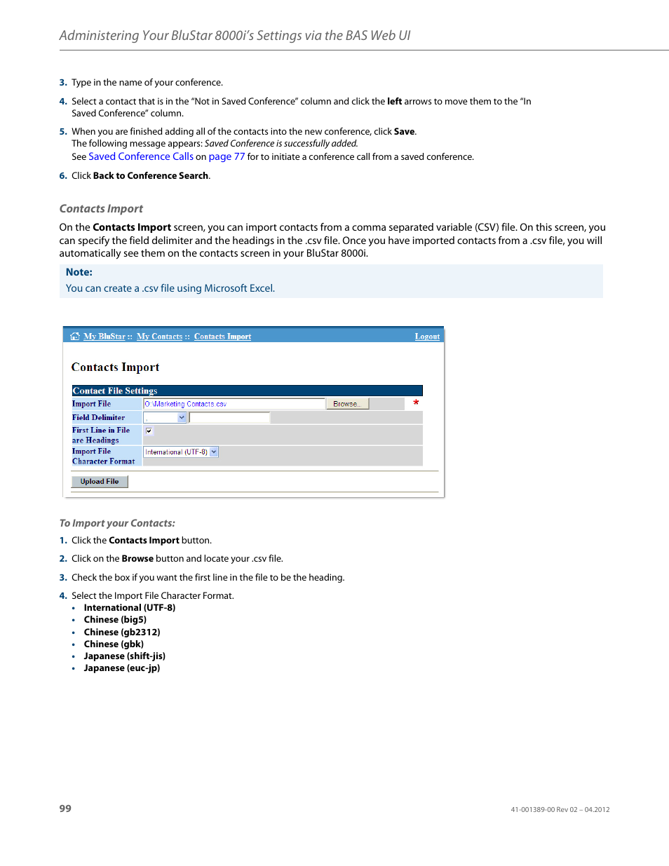 Contacts import | AASTRA BluStar 8000i User Guide EN User Manual | Page 104 / 113