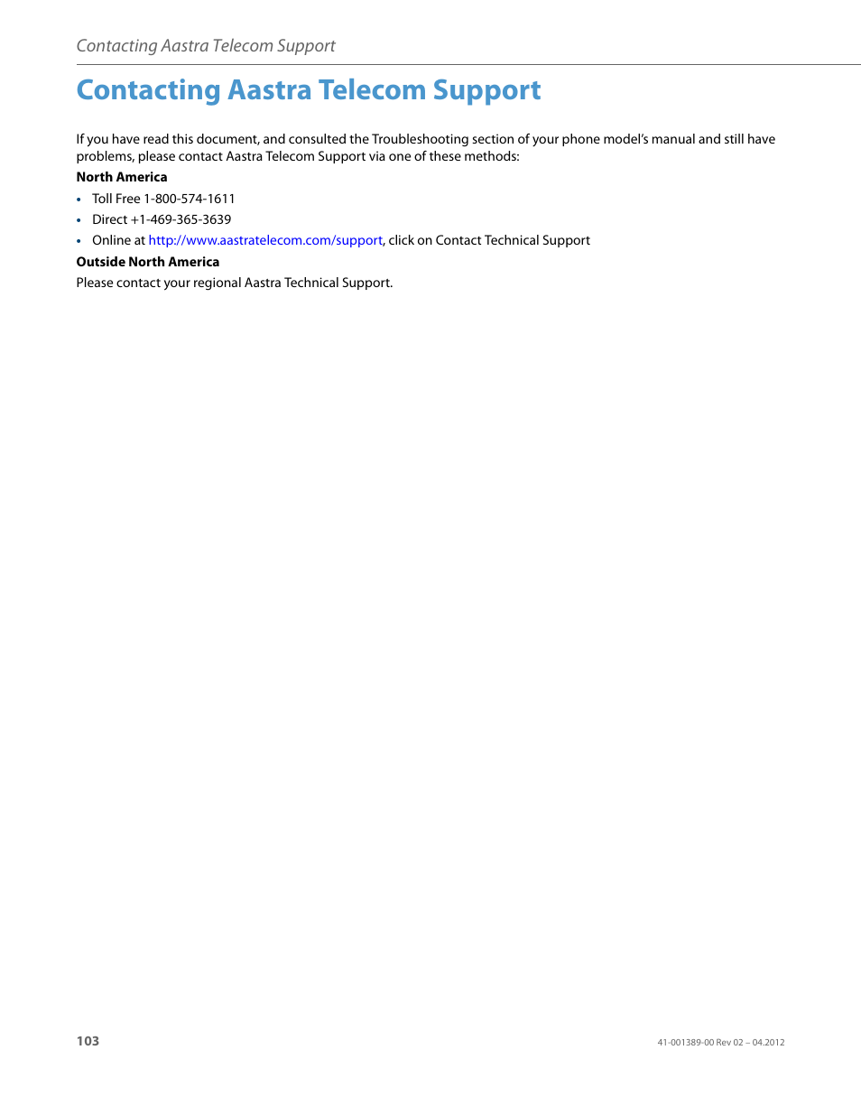 Contacting aastra telecom support | AASTRA BluStar 8000i User Guide EN User Manual | Page 108 / 113