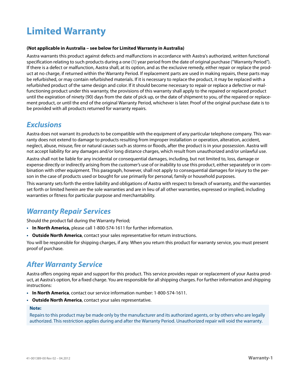 Limited warranty, Exclusions, Warranty repair services | After warranty service | AASTRA BluStar 8000i User Guide EN User Manual | Page 109 / 113