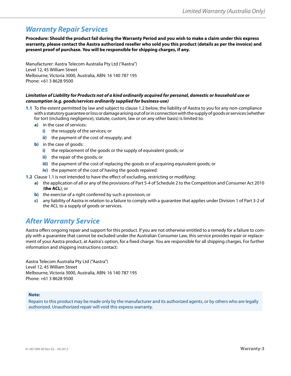 Warranty repair services, After warranty service, Limited warranty (australia only) | AASTRA BluStar 8000i User Guide EN User Manual | Page 111 / 113