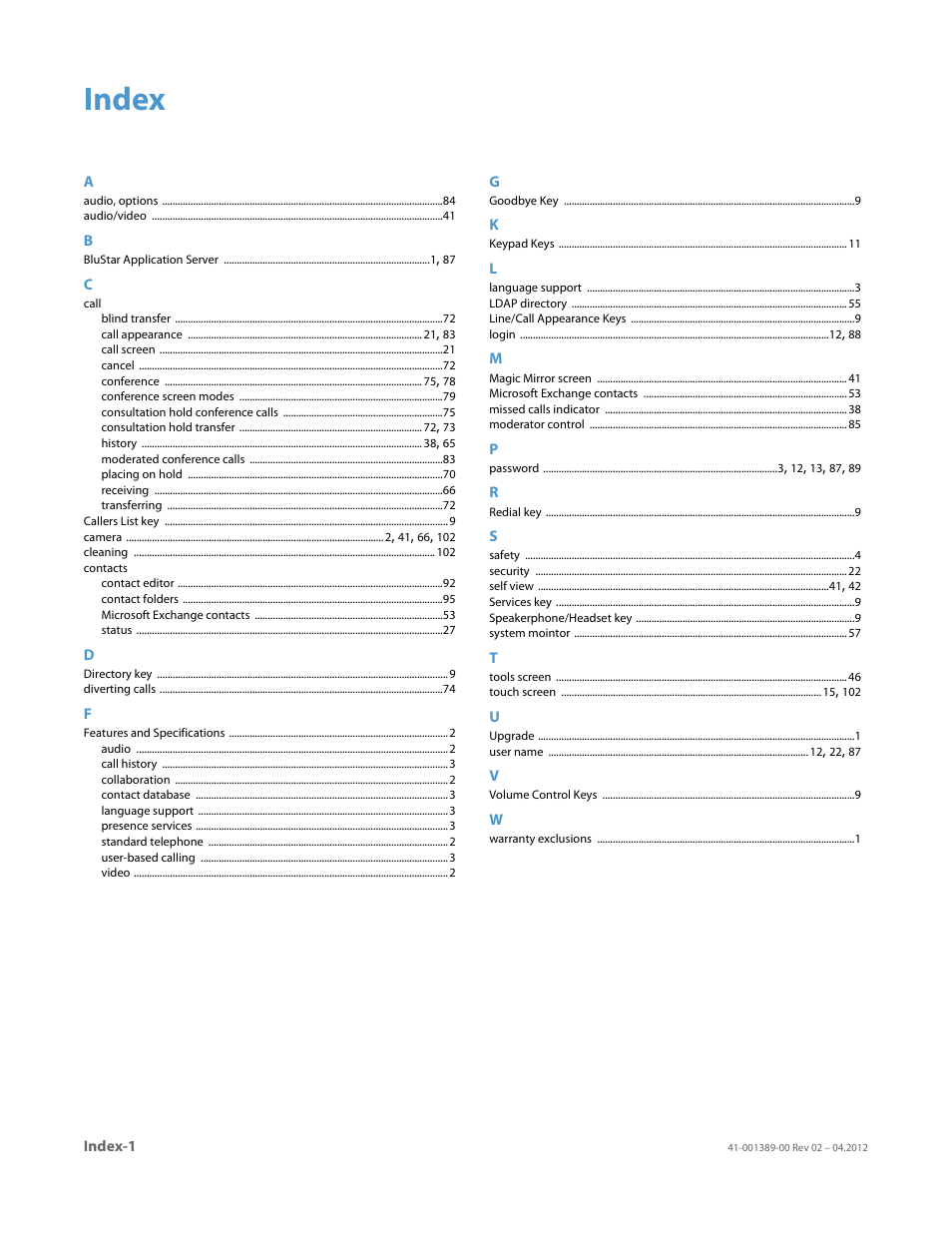 Index | AASTRA BluStar 8000i User Guide EN User Manual | Page 112 / 113