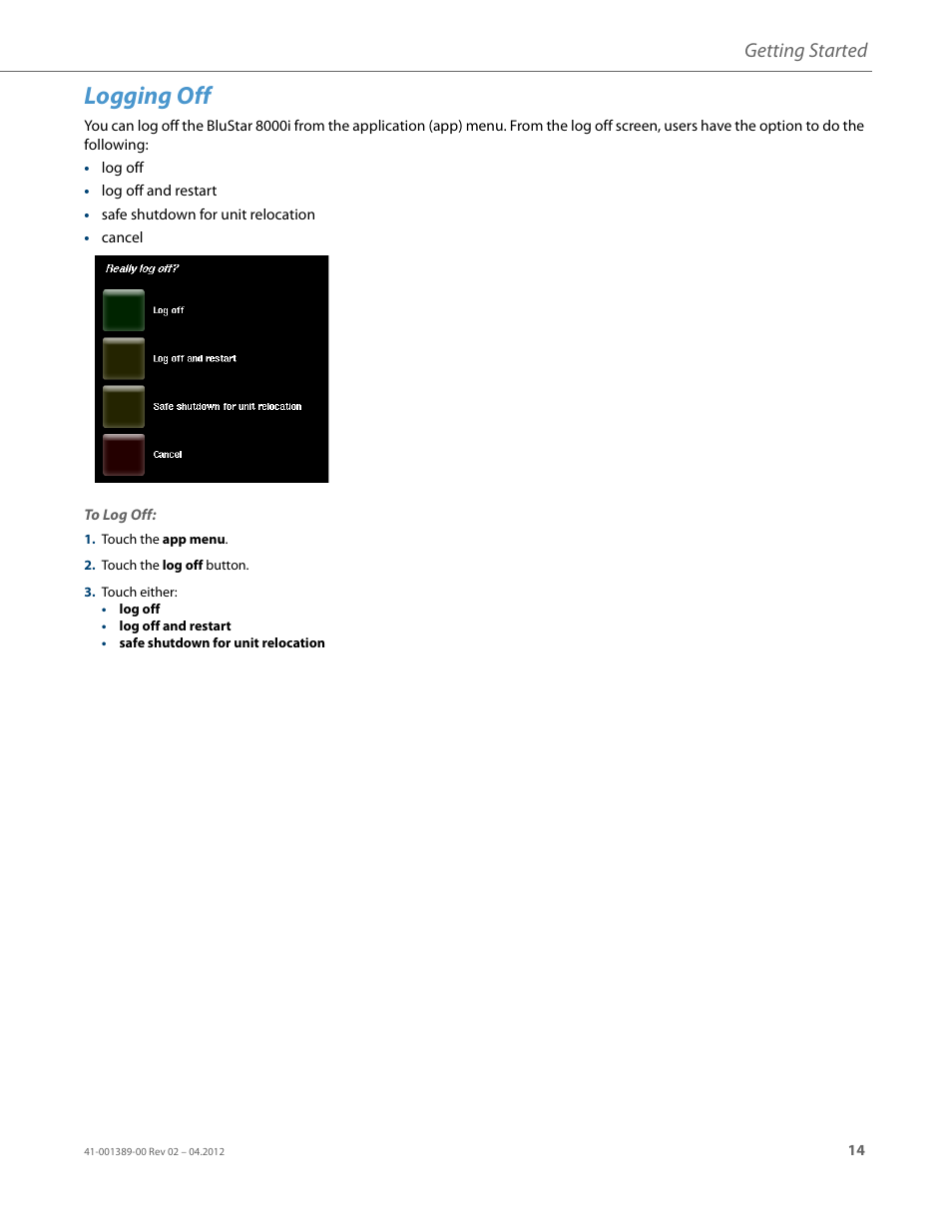 Logging off, Getting started | AASTRA BluStar 8000i User Guide EN User Manual | Page 19 / 113