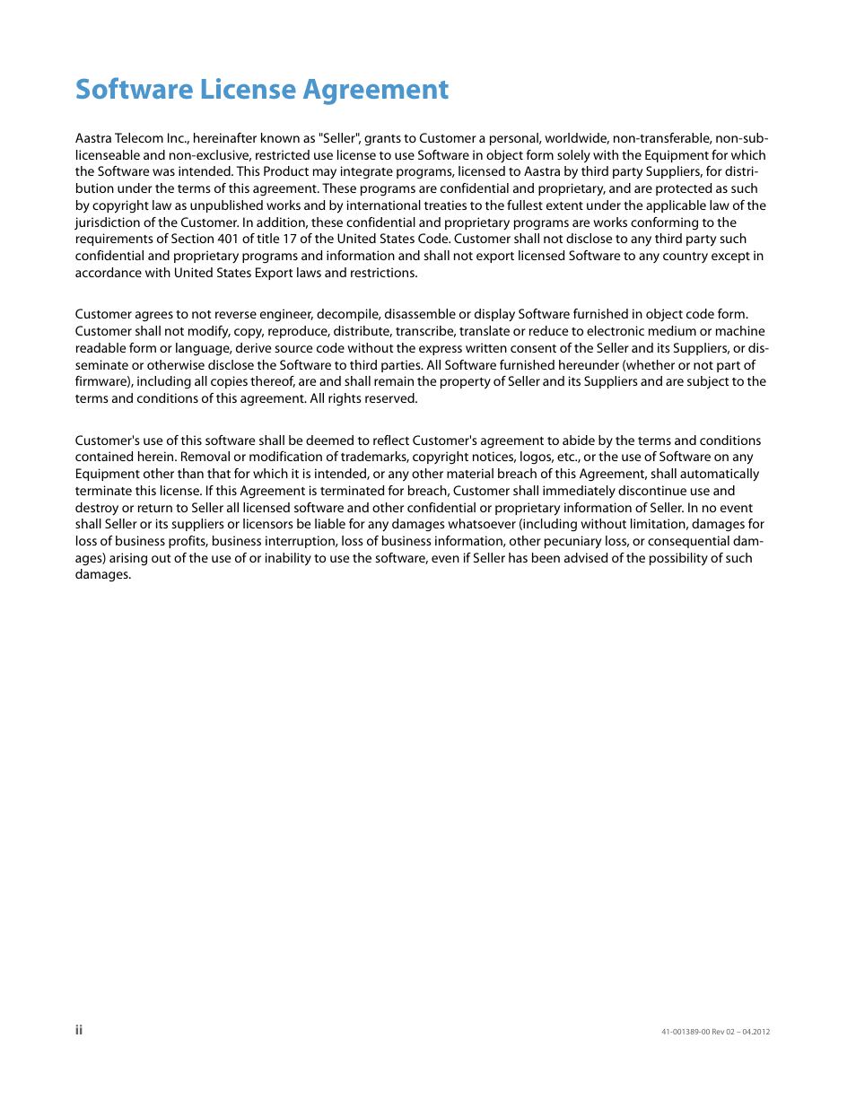 Software license agreement | AASTRA BluStar 8000i User Guide EN User Manual | Page 2 / 113