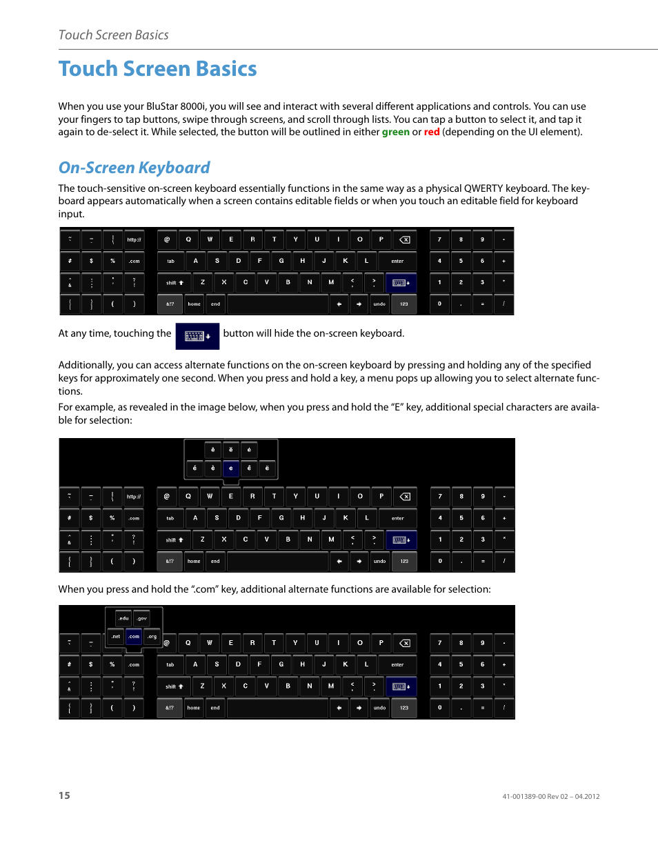 Touch screen basics, On-screen keyboard | AASTRA BluStar 8000i User Guide EN User Manual | Page 20 / 113