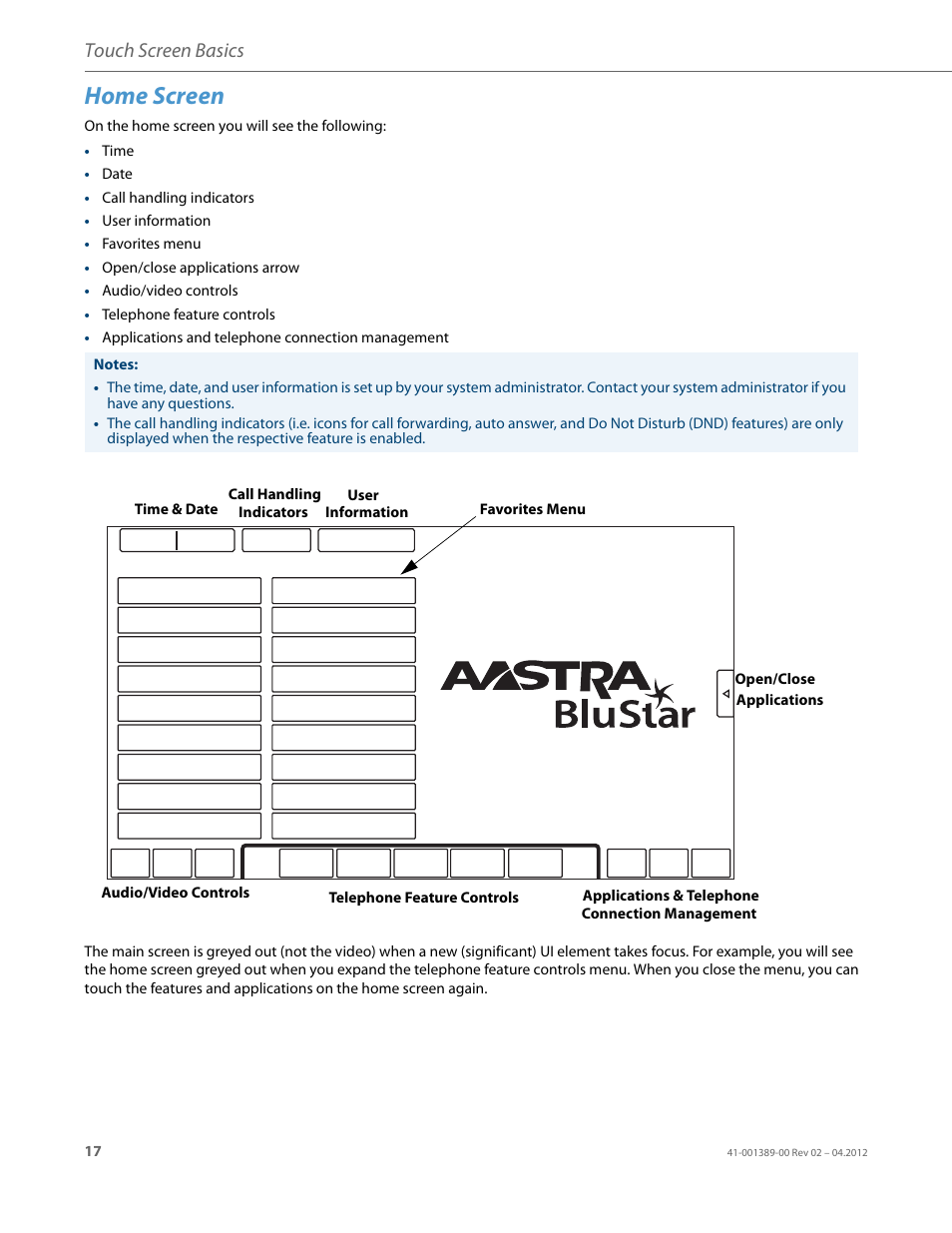 Home screen, Touch screen basics | AASTRA BluStar 8000i User Guide EN User Manual | Page 22 / 113