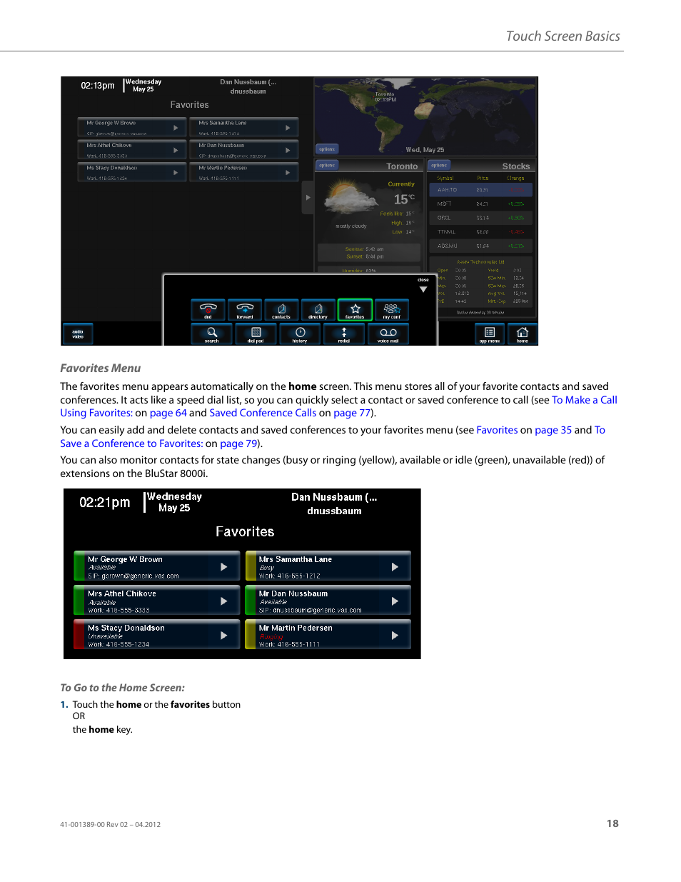 Favorites menu, Touch screen basics | AASTRA BluStar 8000i User Guide EN User Manual | Page 23 / 113