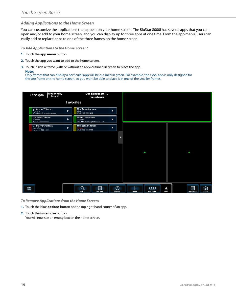 Adding applications to the home screen, Touch screen basics | AASTRA BluStar 8000i User Guide EN User Manual | Page 24 / 113