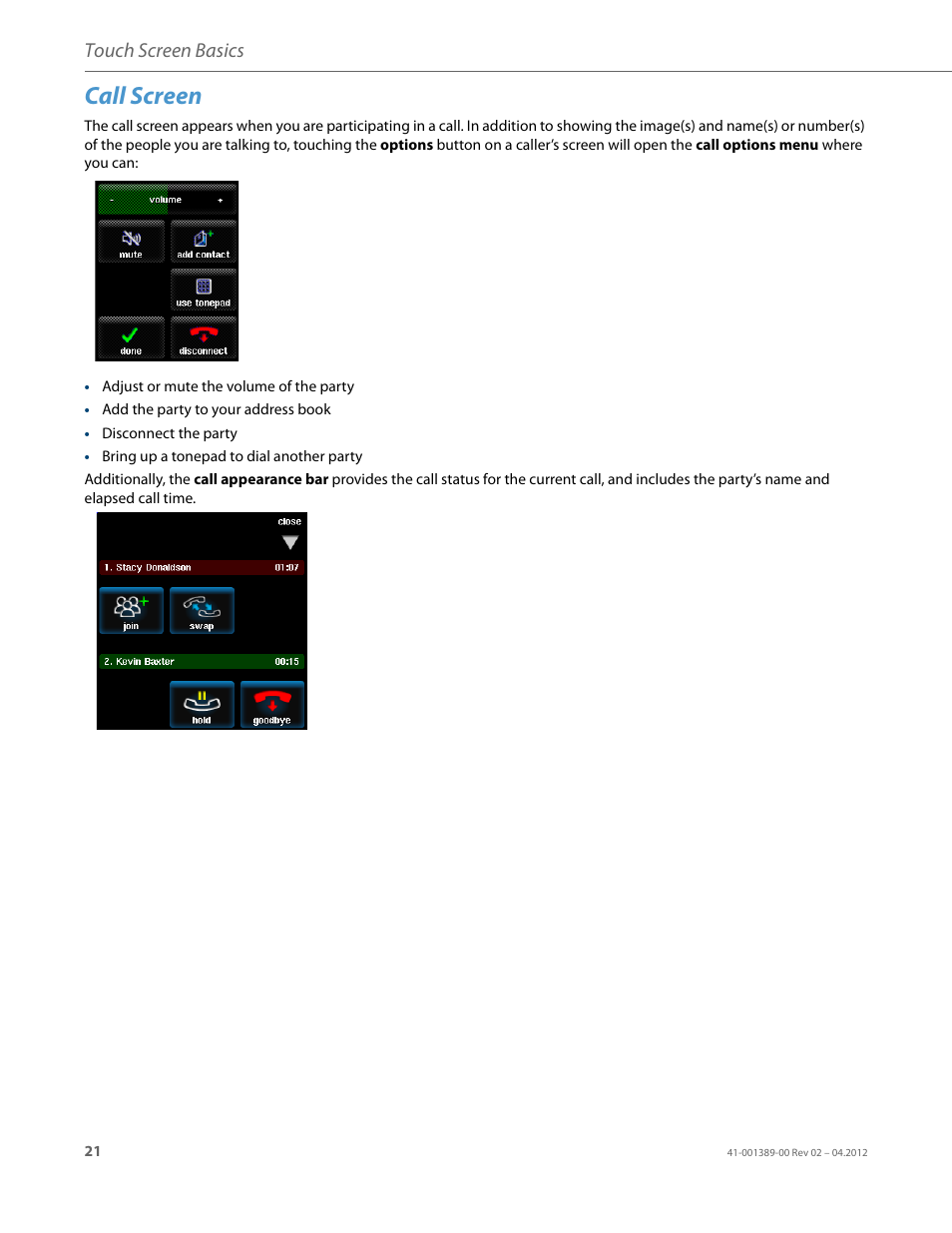 Call screen, Touch screen basics | AASTRA BluStar 8000i User Guide EN User Manual | Page 26 / 113