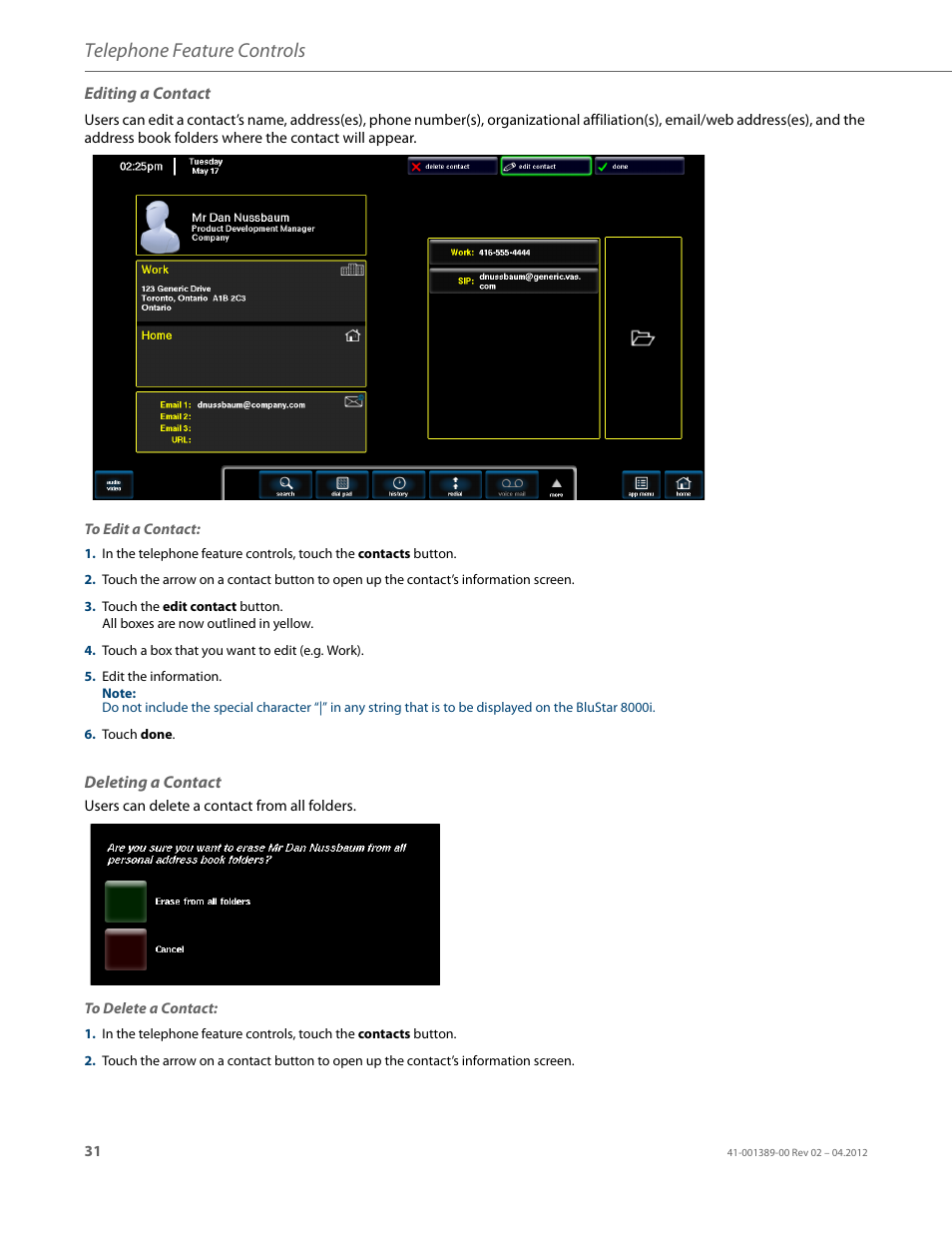 Editing a contact, Telephone feature controls | AASTRA BluStar 8000i User Guide EN User Manual | Page 36 / 113