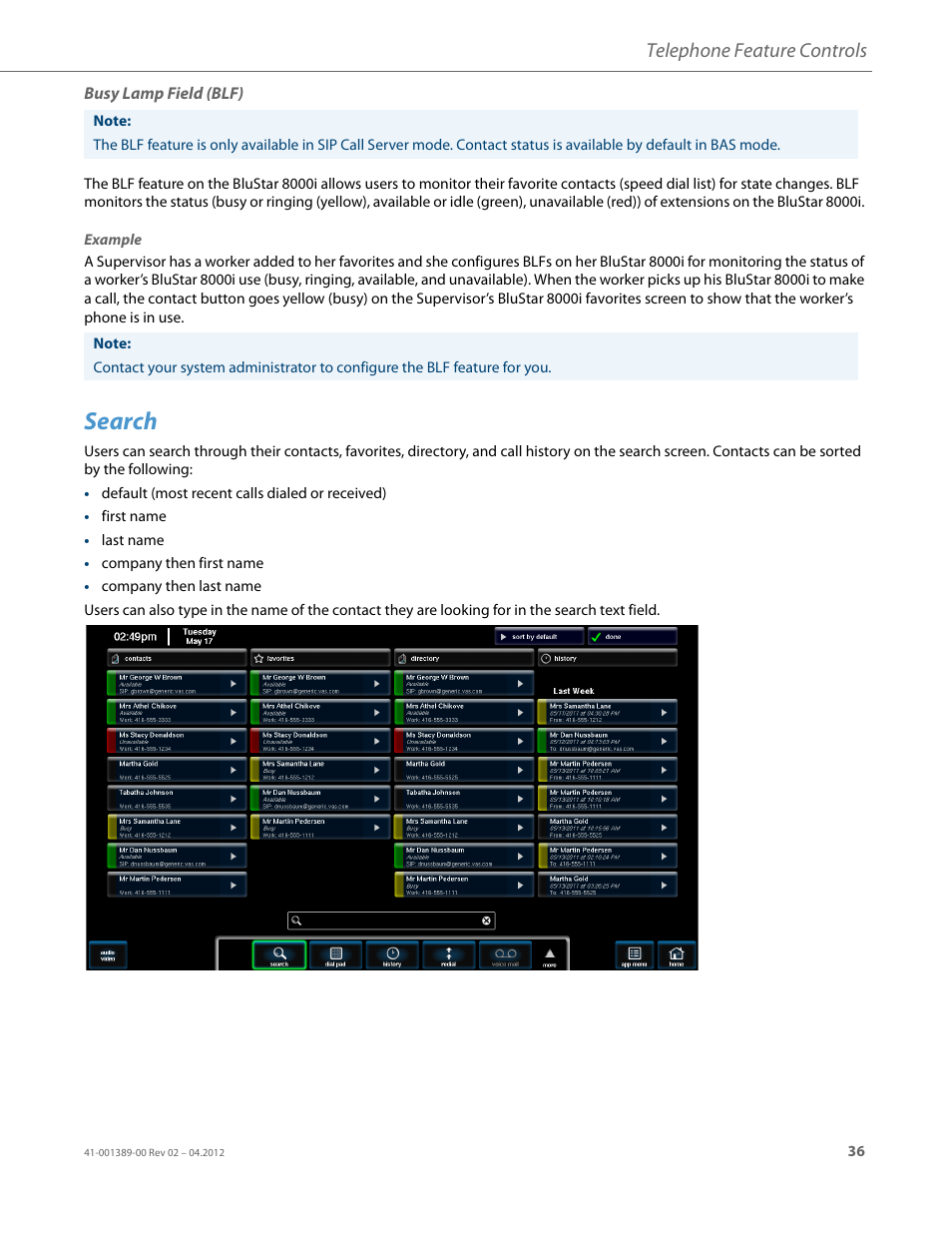 Busy lamp field (blf), Search, Busy lamp field | Blf), Telephone feature controls | AASTRA BluStar 8000i User Guide EN User Manual | Page 41 / 113