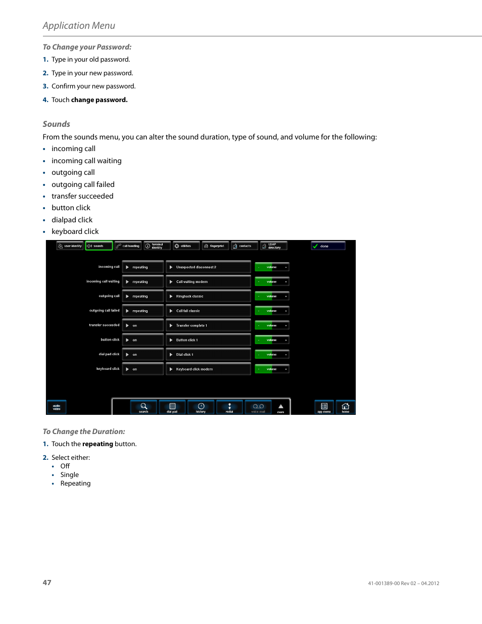 Sounds, Application menu | AASTRA BluStar 8000i User Guide EN User Manual | Page 52 / 113