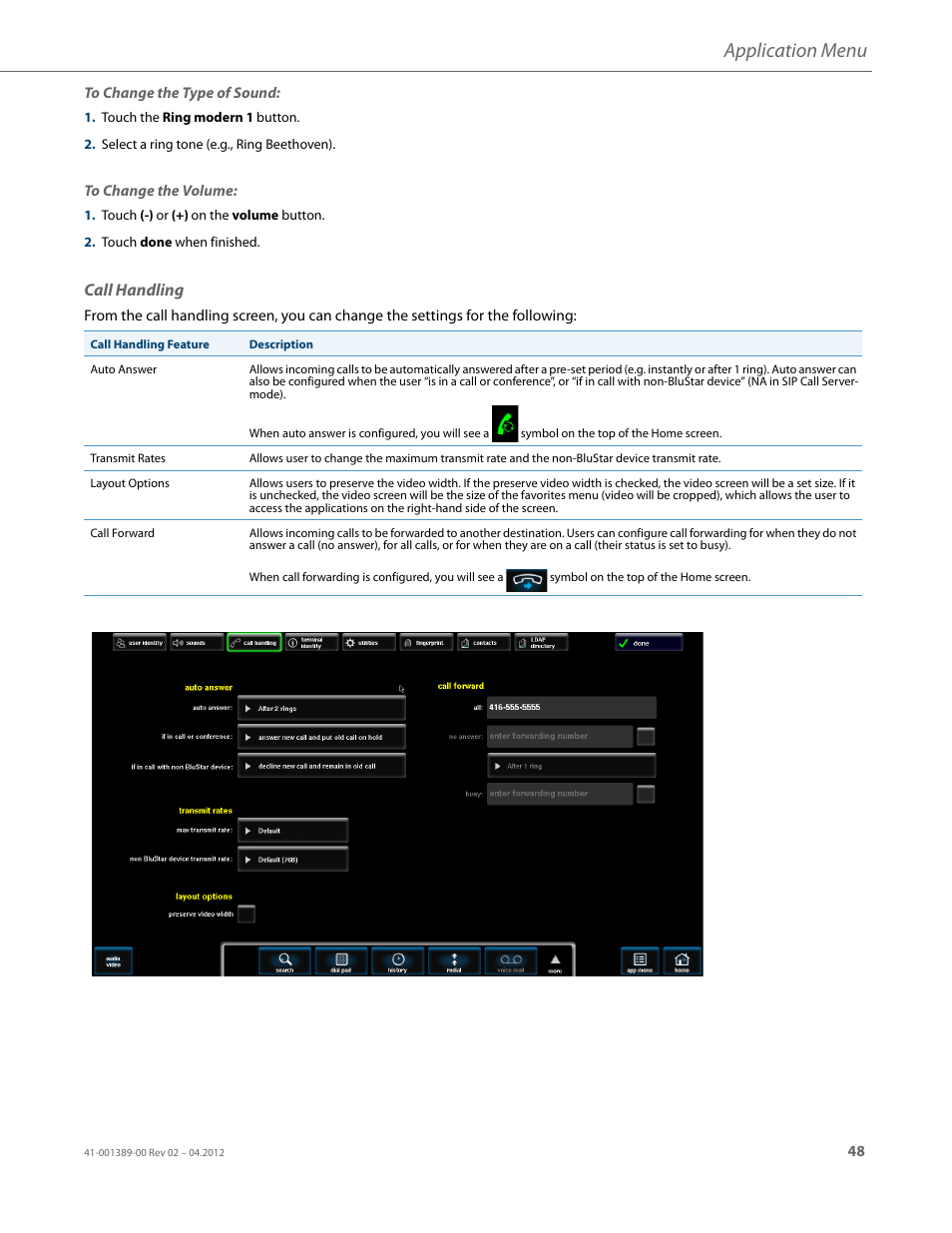 Call handling, Application menu | AASTRA BluStar 8000i User Guide EN User Manual | Page 53 / 113