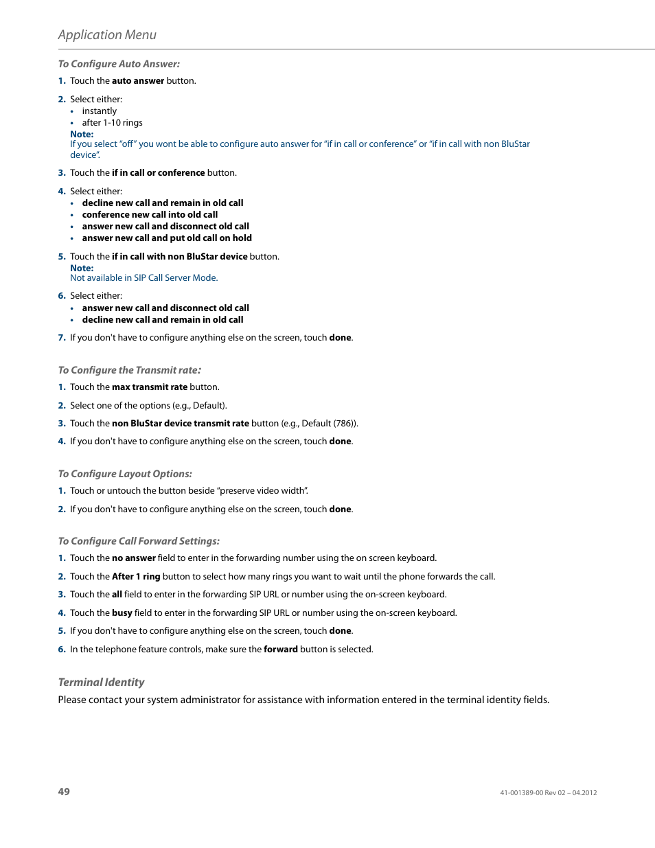 Terminal identity, To configure call forward settings, Application menu | AASTRA BluStar 8000i User Guide EN User Manual | Page 54 / 113