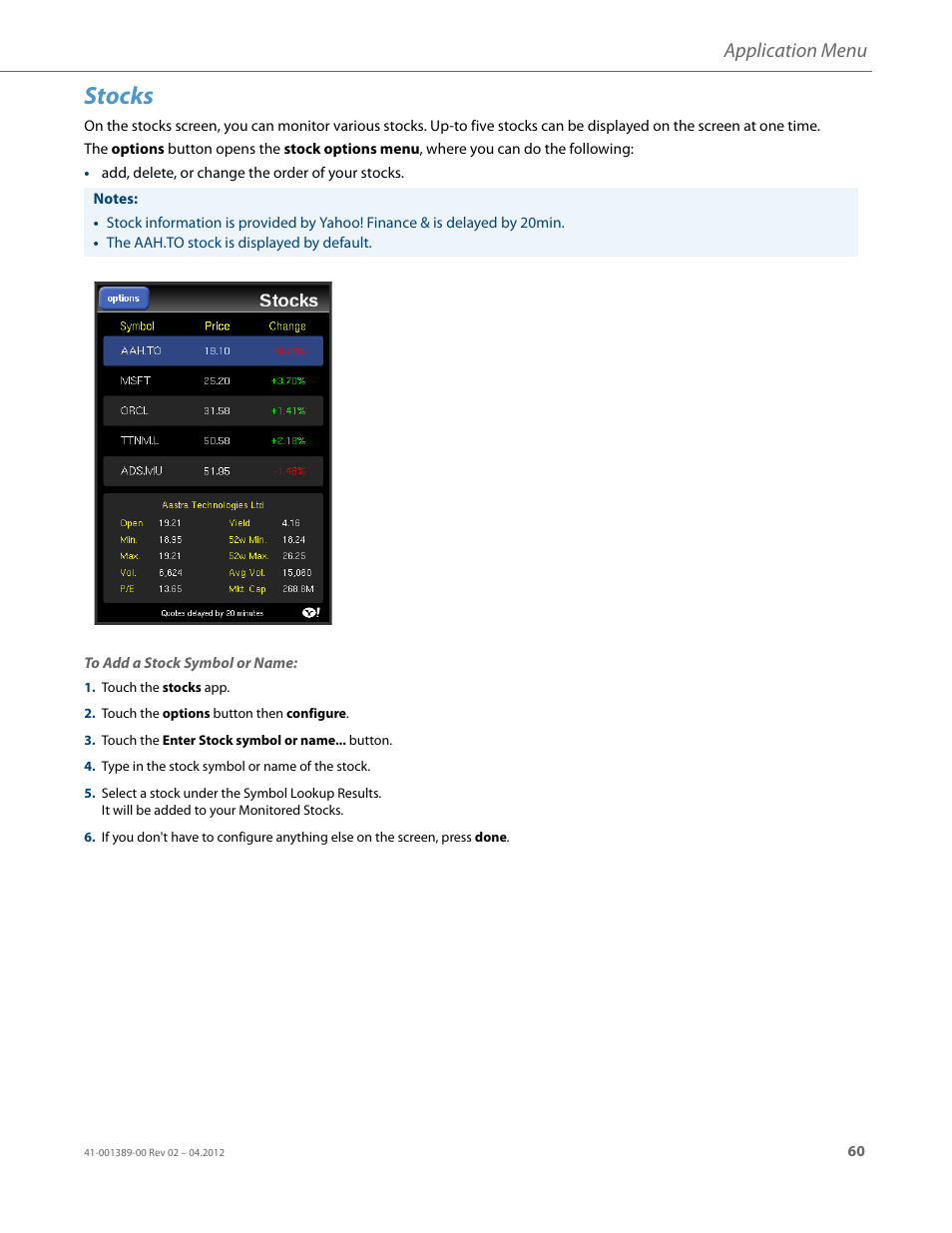 Stocks, Application menu | AASTRA BluStar 8000i User Guide EN User Manual | Page 65 / 113