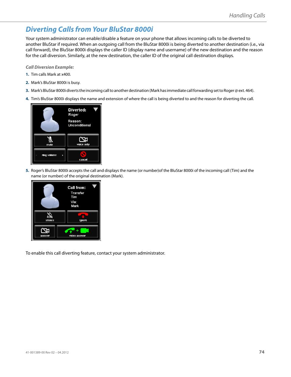 Diverting calls from your blustar 8000i, Handling calls | AASTRA BluStar 8000i User Guide EN User Manual | Page 79 / 113