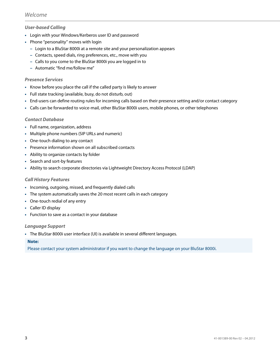 User-based calling, Presence services, Contact database | Call history features, Language support, Welcome | AASTRA BluStar 8000i User Guide EN User Manual | Page 8 / 113