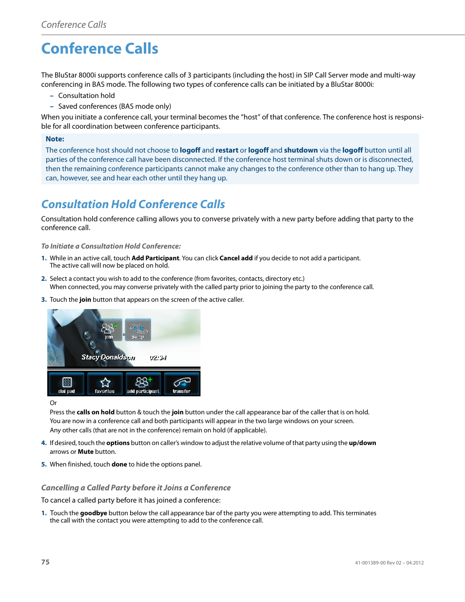 Conference calls, Consultation hold conference calls, To initiate a consultation hold conference | AASTRA BluStar 8000i User Guide EN User Manual | Page 80 / 113