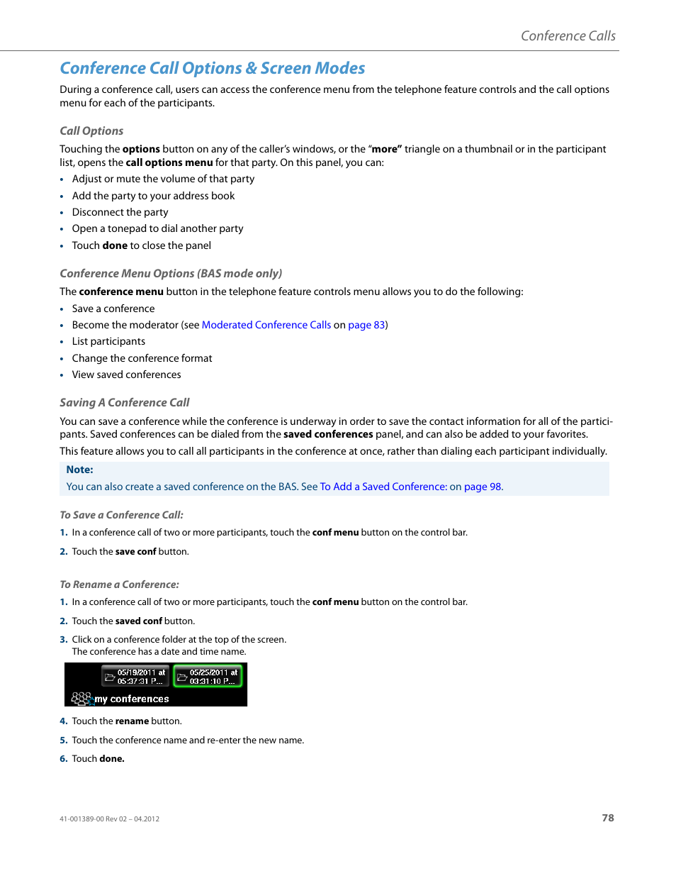 Conference call options & screen modes, Call options, Conference menu options (bas mode only) | Saving a conference call, Conference calls | AASTRA BluStar 8000i User Guide EN User Manual | Page 83 / 113