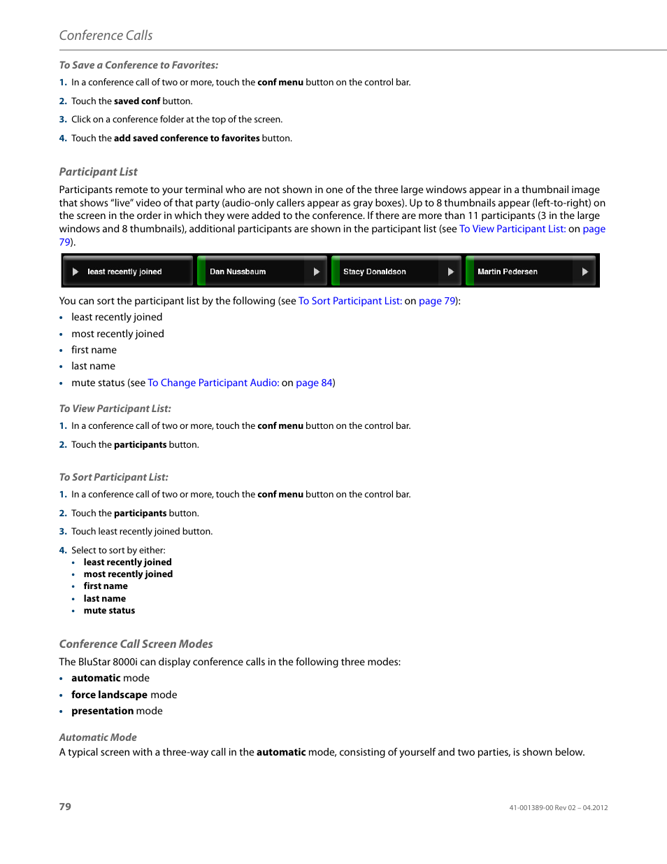 Participant list, Conference call screen modes, Conference calls | AASTRA BluStar 8000i User Guide EN User Manual | Page 84 / 113