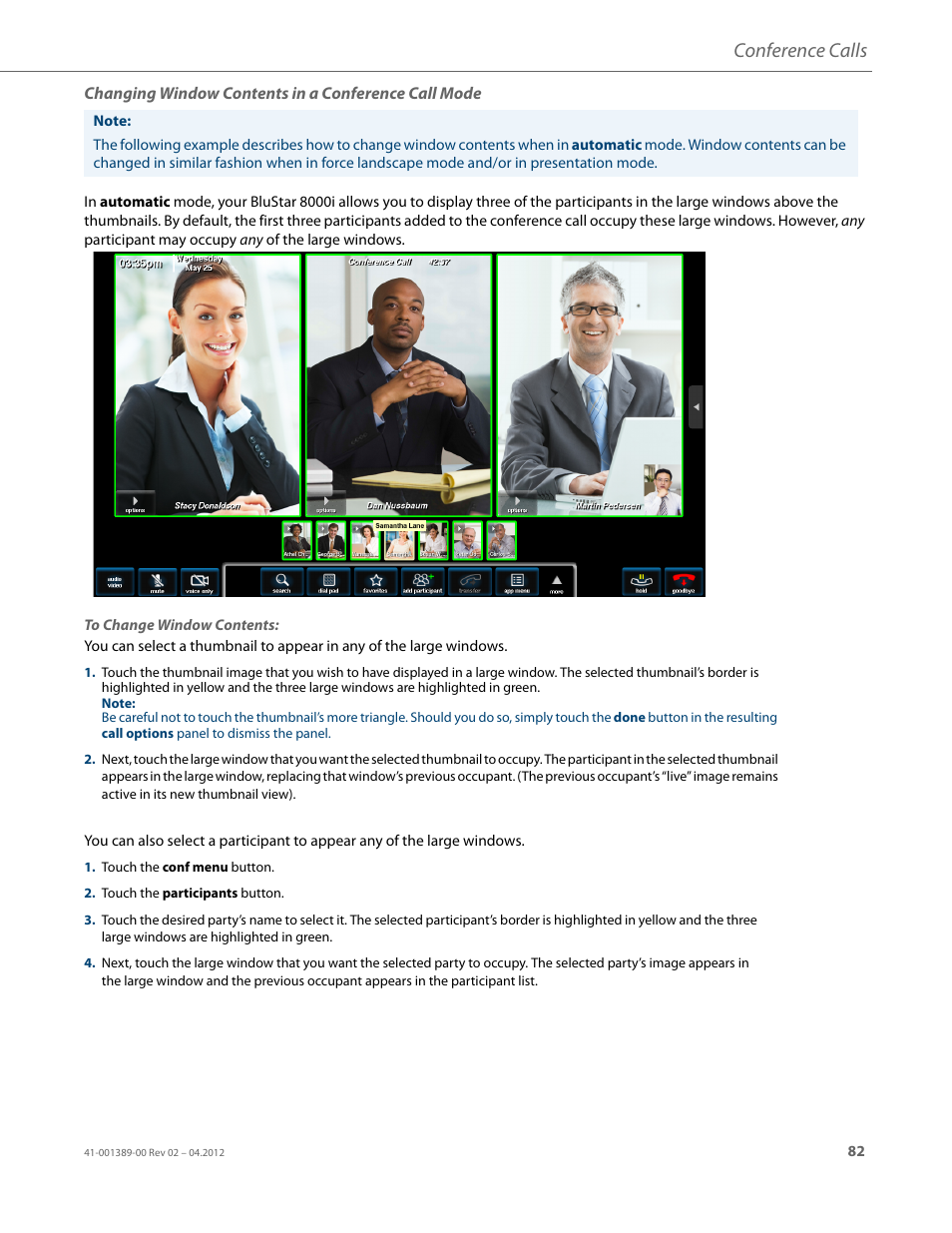 Changing window contents in a conference call mode, To change window contents, Conference calls | AASTRA BluStar 8000i User Guide EN User Manual | Page 87 / 113