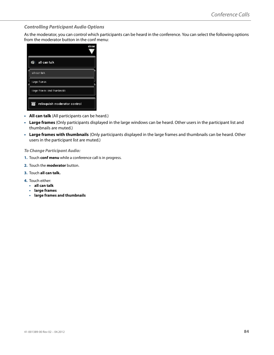 Controlling participant audio options, To change participant audio, Conference calls | AASTRA BluStar 8000i User Guide EN User Manual | Page 89 / 113