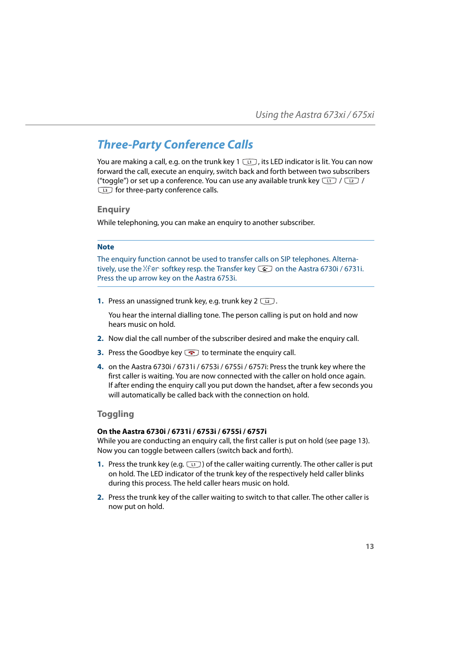 Three-party conference calls, Enquiry, Toggling | Enquiry toggling | AASTRA 6700i for Aastra 800 and OpenCom 100 User Guide EN User Manual | Page 15 / 44