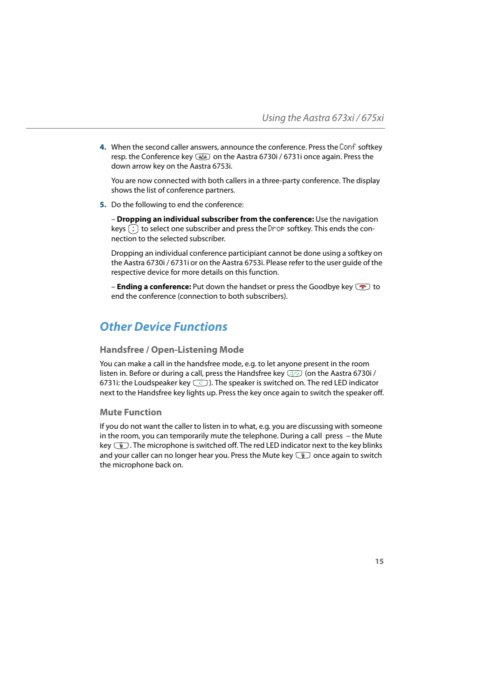 Other device functions, Handsfree / open-listening mode, Mute function | Handsfree / open-listening mode mute function | AASTRA 6700i for Aastra 800 and OpenCom 100 User Guide EN User Manual | Page 17 / 44