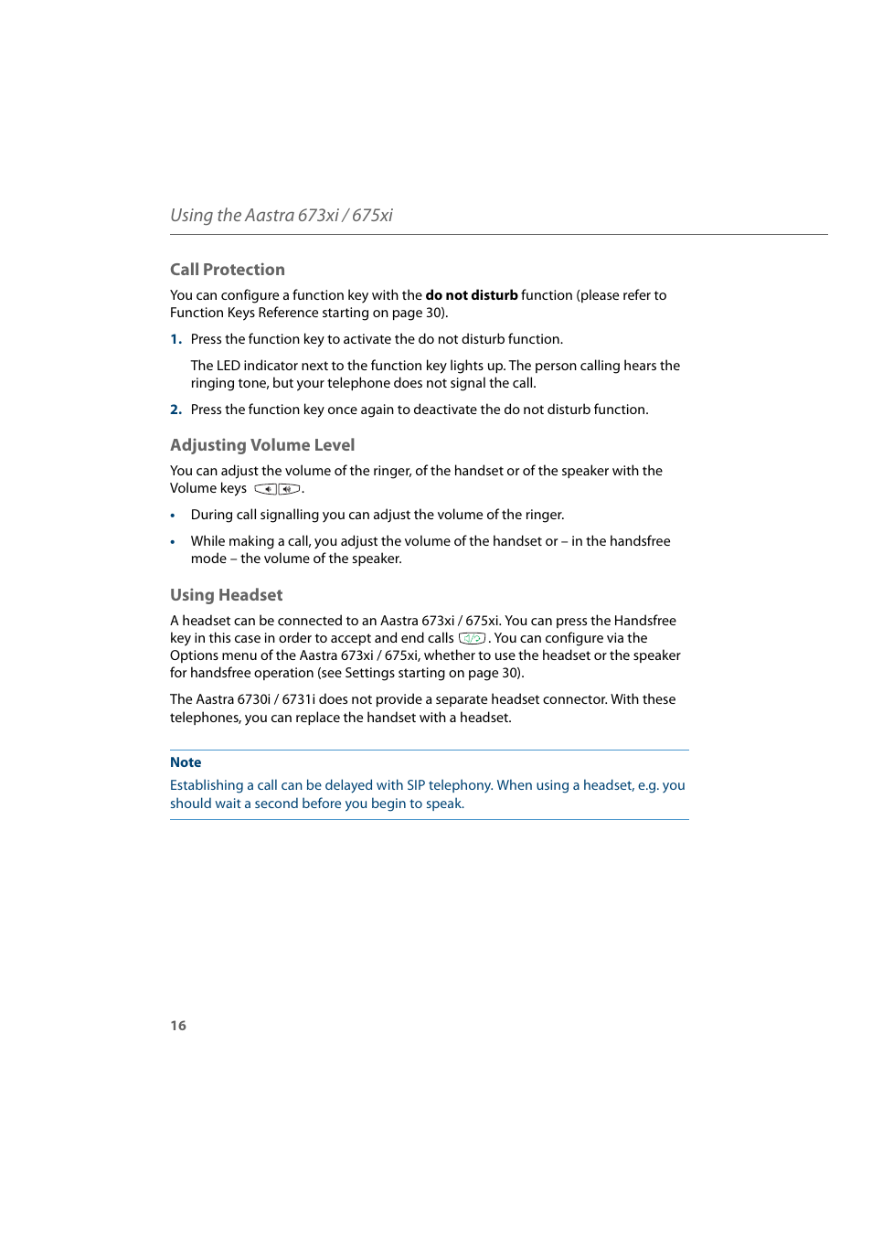 Call protection, Adjusting volume level, Using headset | AASTRA 6700i for Aastra 800 and OpenCom 100 User Guide EN User Manual | Page 18 / 44