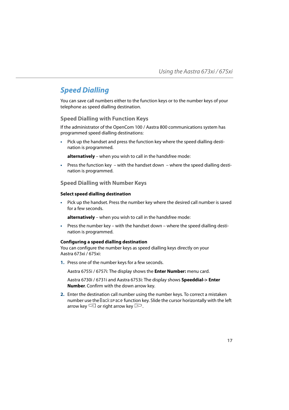 Speed dialling, Speed dialling with function keys, Speed dialling with number keys | AASTRA 6700i for Aastra 800 and OpenCom 100 User Guide EN User Manual | Page 19 / 44