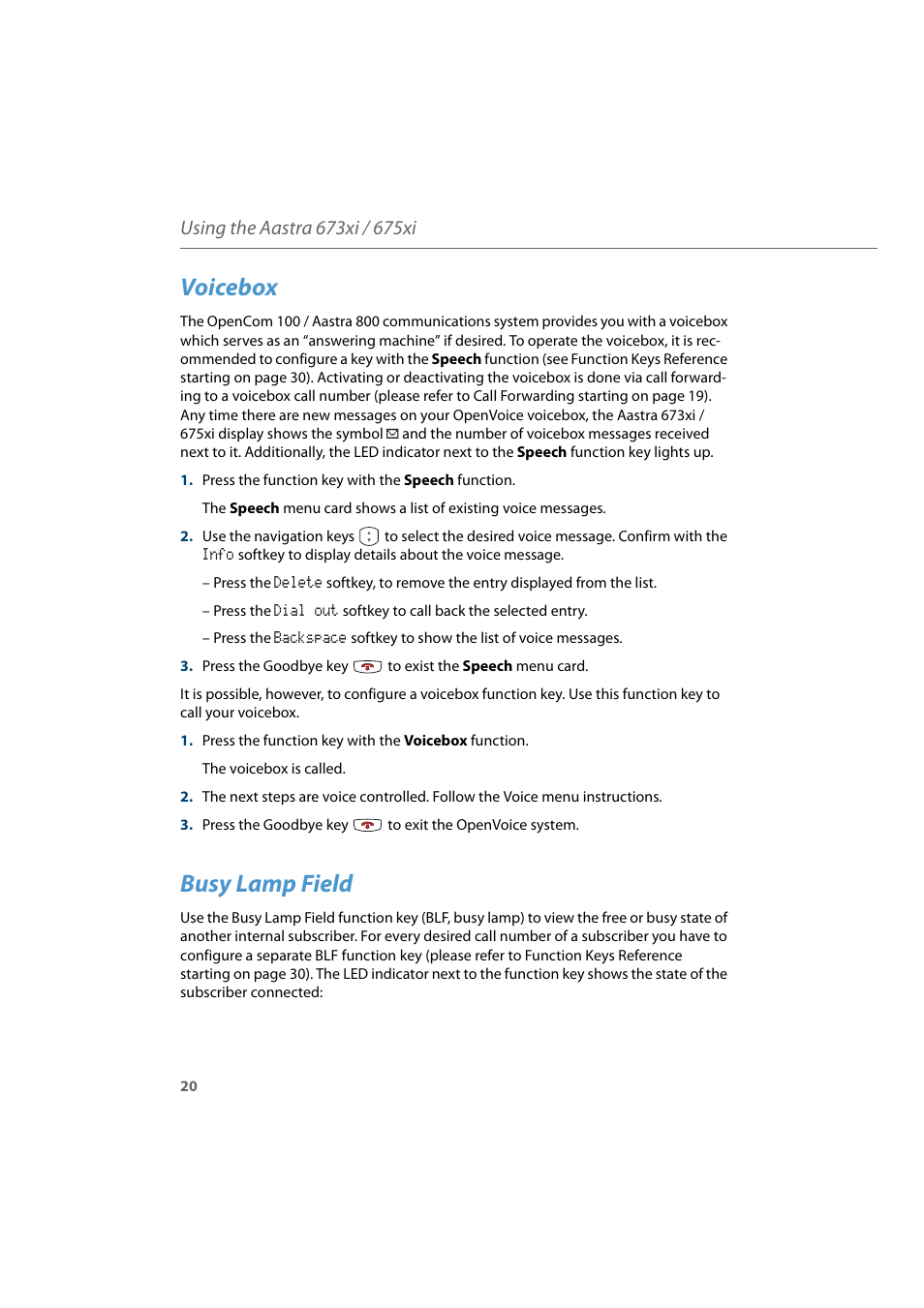 Voicebox, Busy lamp field | AASTRA 6700i for Aastra 800 and OpenCom 100 User Guide EN User Manual | Page 22 / 44