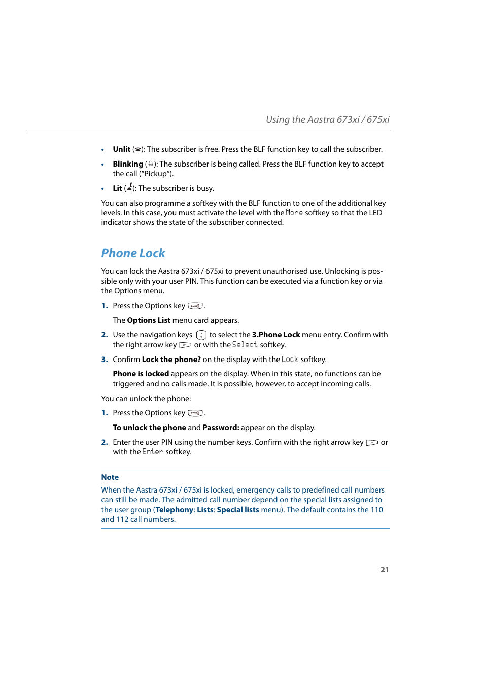 Phone lock | AASTRA 6700i for Aastra 800 and OpenCom 100 User Guide EN User Manual | Page 23 / 44