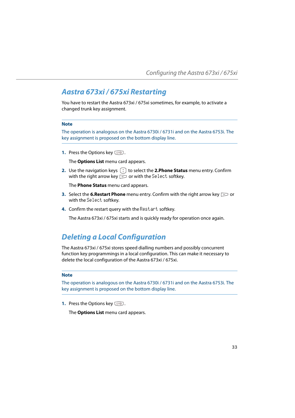 Aastra 673xi / 675xi restarting, Deleting a local configuration | AASTRA 6700i for Aastra 800 and OpenCom 100 User Guide EN User Manual | Page 35 / 44