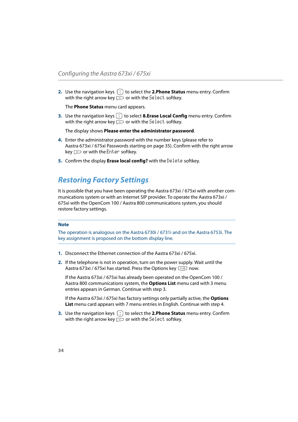 Restoring factory settings | AASTRA 6700i for Aastra 800 and OpenCom 100 User Guide EN User Manual | Page 36 / 44