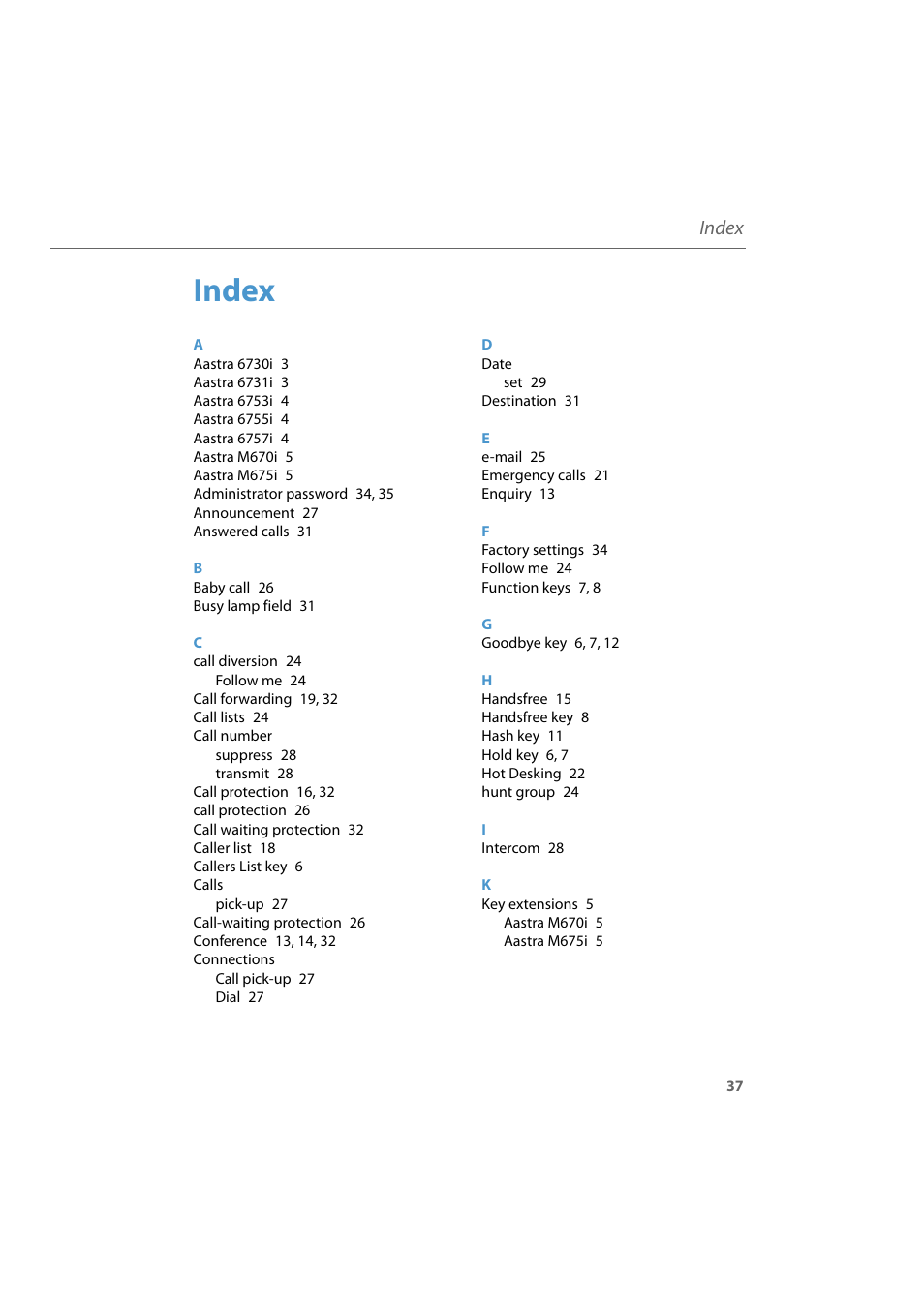 Index | AASTRA 6700i for Aastra 800 and OpenCom 100 User Guide EN User Manual | Page 39 / 44