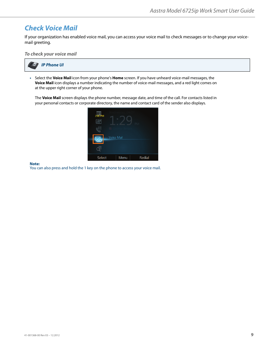 Check voice mail, To check your voice mail, Aastra model 6725ip work smart user guide | AASTRA 6725ip Work Smart User Guide EN User Manual | Page 11 / 20