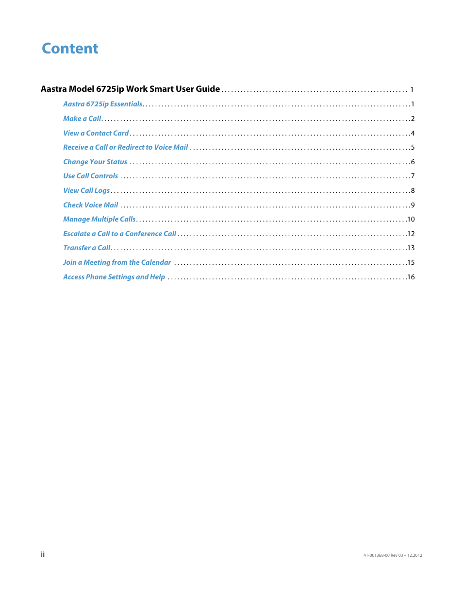 Content | AASTRA 6725ip Work Smart User Guide EN User Manual | Page 2 / 20