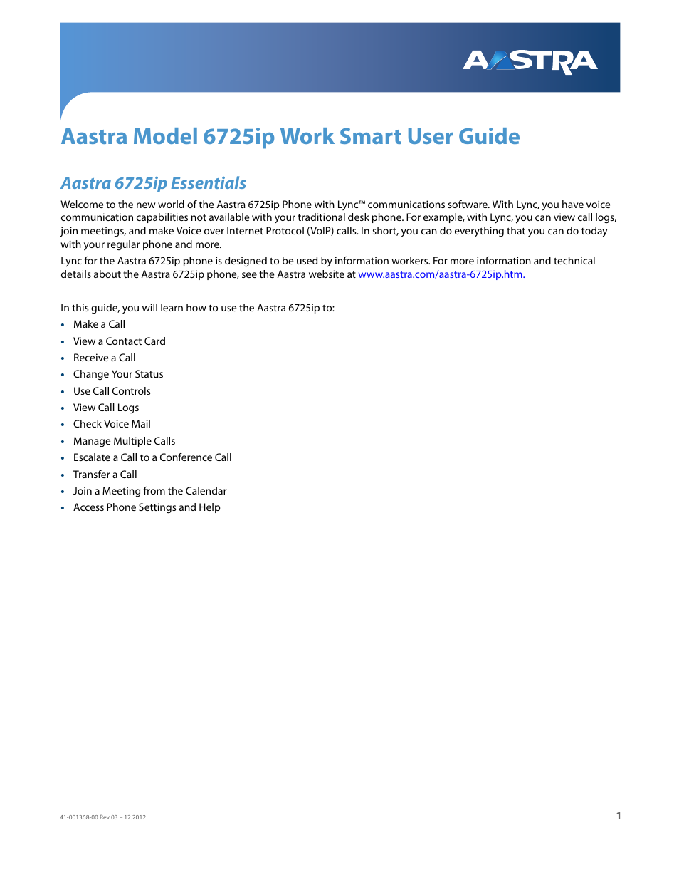 Aastra model 6725ip work smart user guide, Aastra 6725ip essentials | AASTRA 6725ip Work Smart User Guide EN User Manual | Page 3 / 20