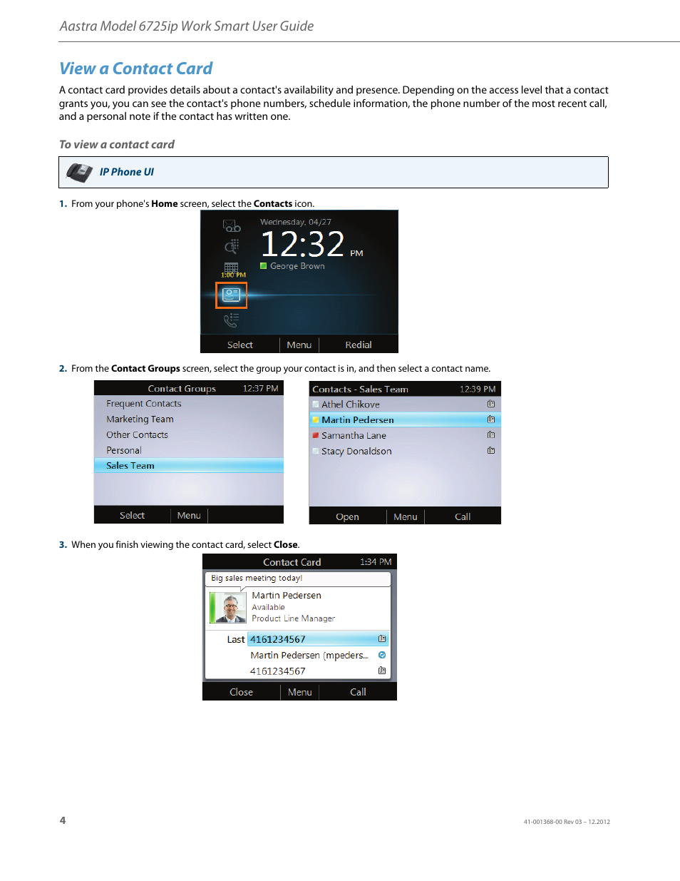 View a contact card, To view a contact card, Aastra model 6725ip work smart user guide | AASTRA 6725ip Work Smart User Guide EN User Manual | Page 6 / 20