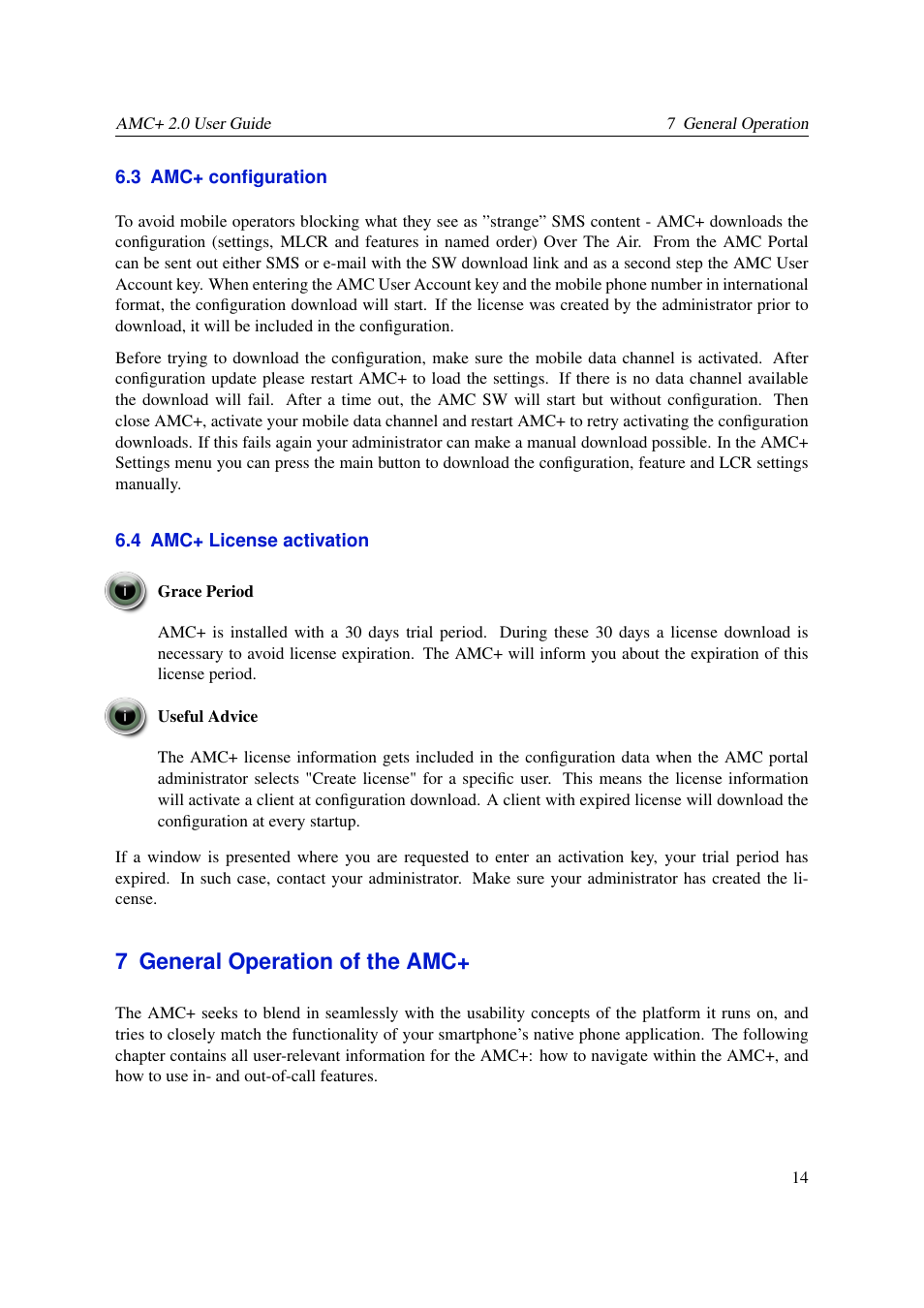 Amc+ configuration, Amc+ license activation, General operation | 7 general operation of the amc | AASTRA AMC+ User guide for Android EN User Manual | Page 14 / 37